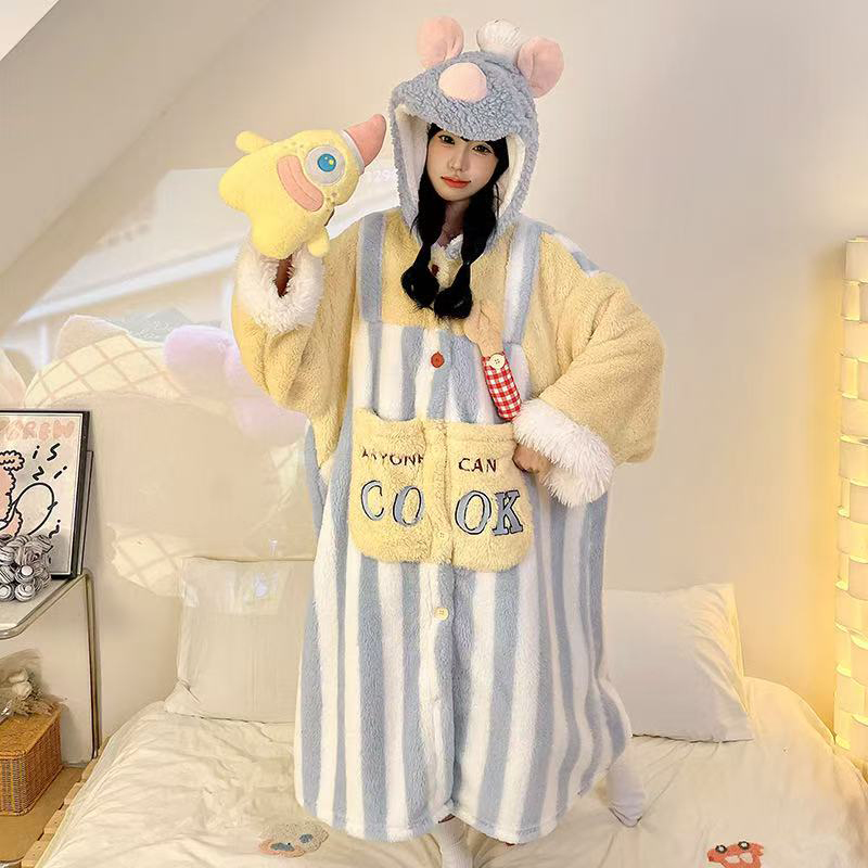 冬季新款可爱料理鼠珊瑚绒睡袍毛绒保暖减龄舒适长裤两件套3036