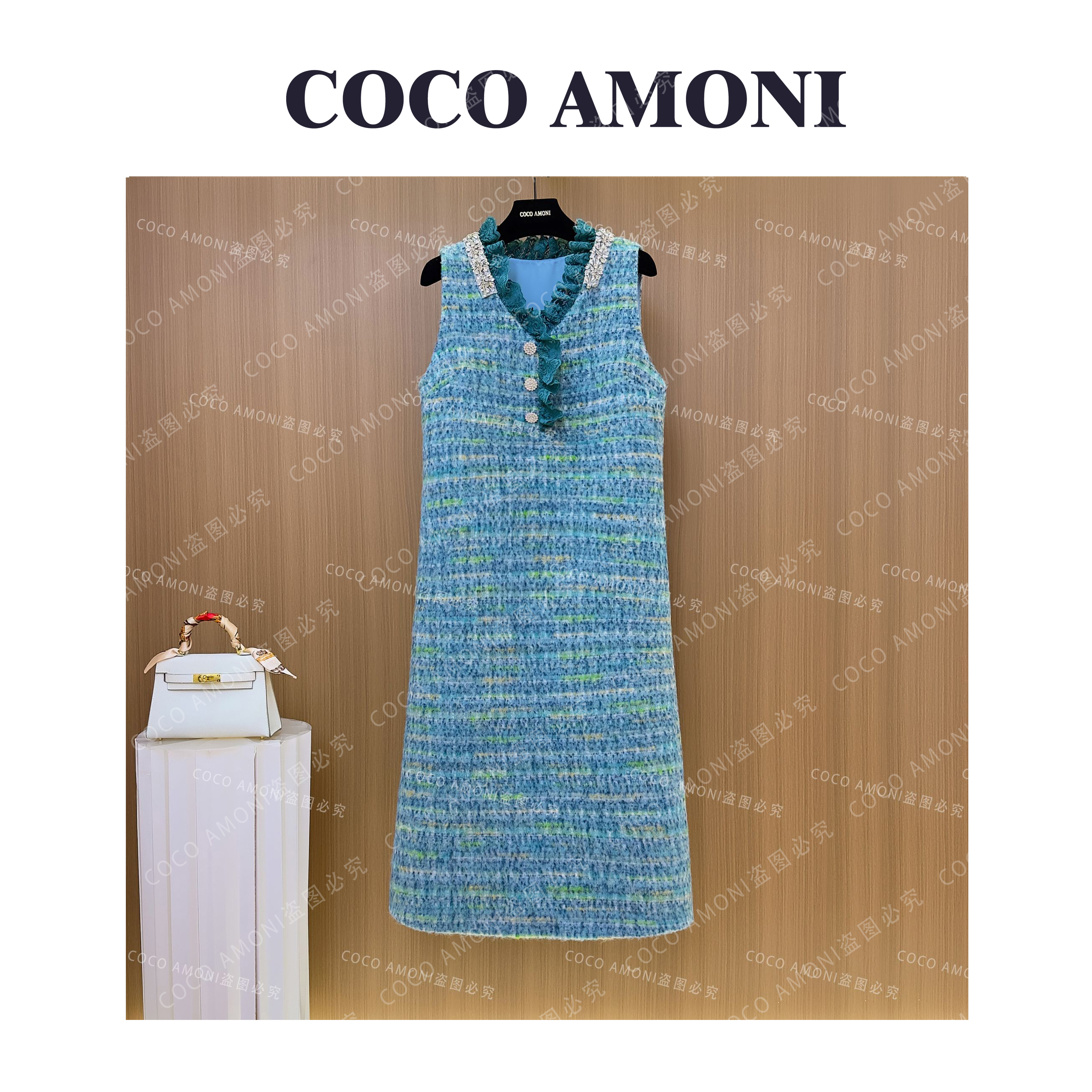 [曼姐]秋冬设计师爆款女装拼接收腰显瘦气质连衣裙WXH1018