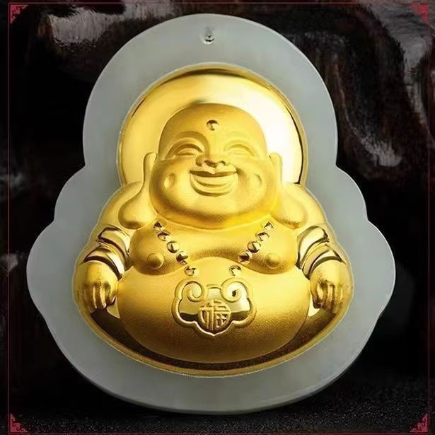 黄金999镶嵌和田玉弥勒佛佛公吊坠时尚百搭黄金手工复古精美礼物