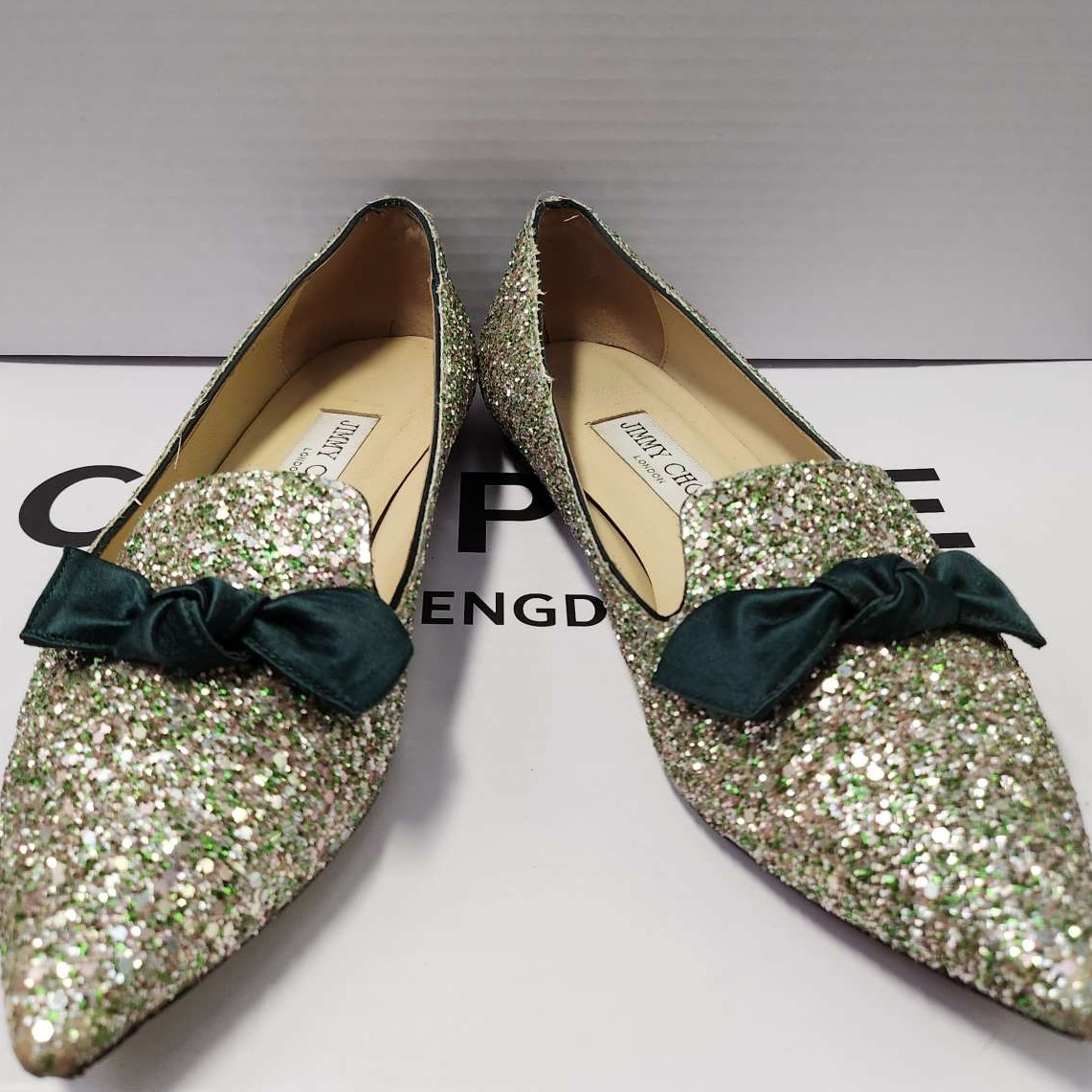 95新 JIMMY CHOO/吉米周 A1394/绿粉渐变蝴蝶结尖头平底鞋/37码