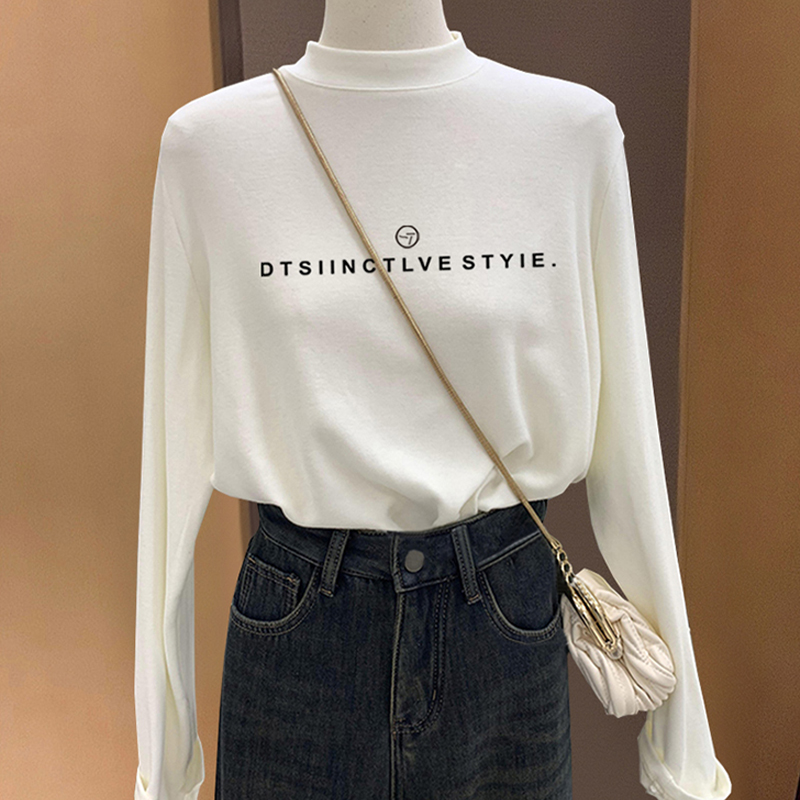 新款德绒半高领长袖打底衫秋冬时尚洋气白色加厚内搭T恤女上衣服