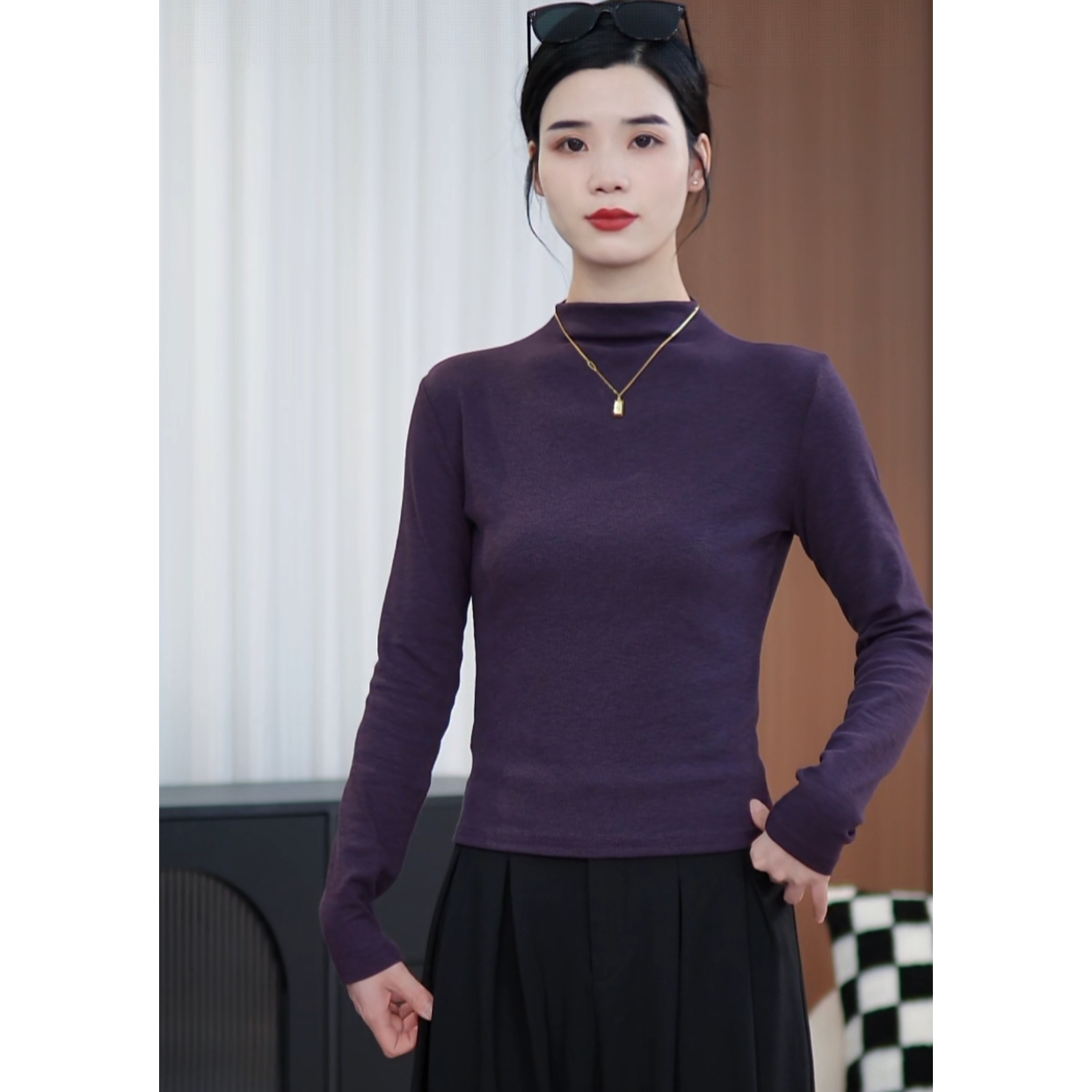 2025新款半高领修身显瘦长袖百搭螺纹打底上衣女
