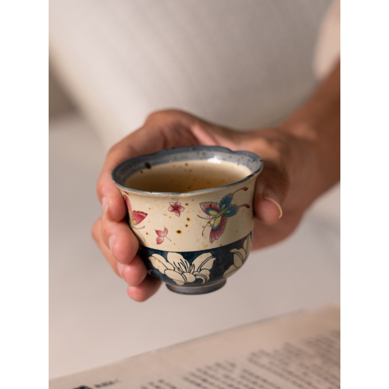 亘古火石百合蝶恋花陶瓷花瓣型茶杯家用中式茶具品茗杯闻香杯新中