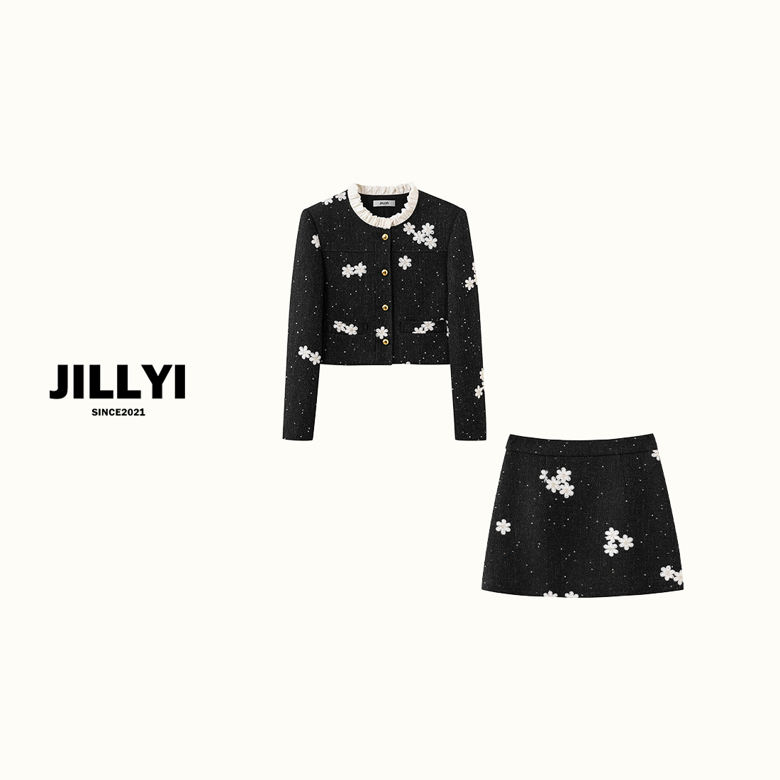 JILLYI珠海店【深夜花语】黑色花朵点缀圆领休闲短外套小香风气质半