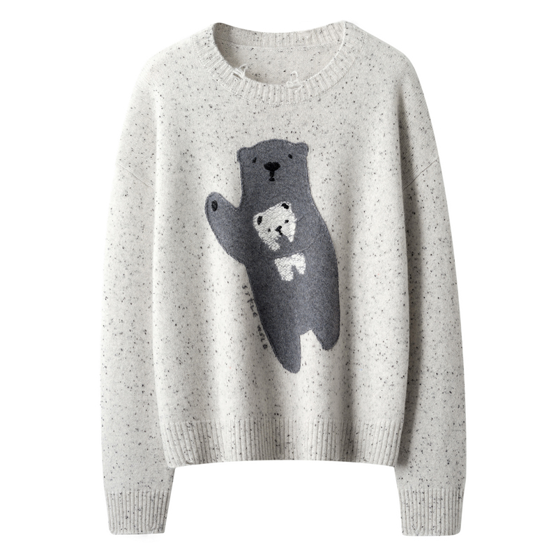 100%山羊绒  7针双股彩点饼干熊圆领套头羊绒衫长袖百搭潮牌时尚