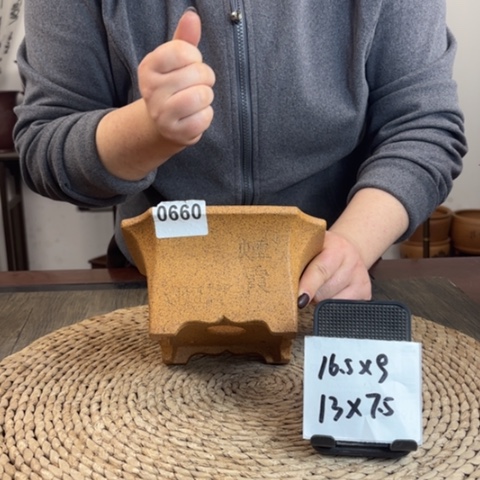 紫砂花盆柴烧烟霞刻绘切角小方0660