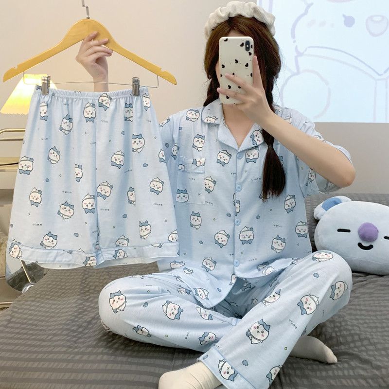 小八三件套云朵棉睡衣女夏季开衫短袖短裤长裤翻领家居服乌萨奇