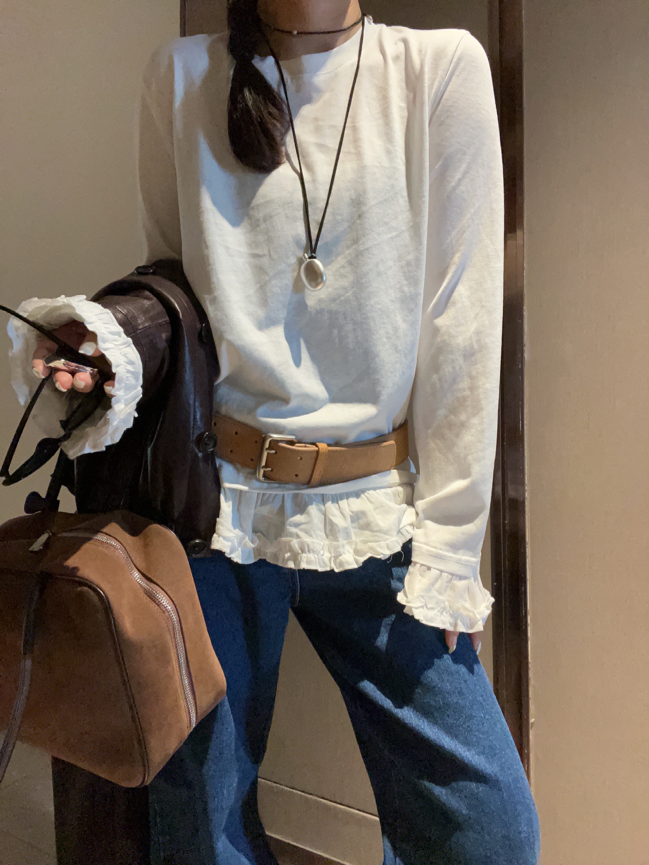 【Miss 程】东大门新品拼接花边宽松T恤