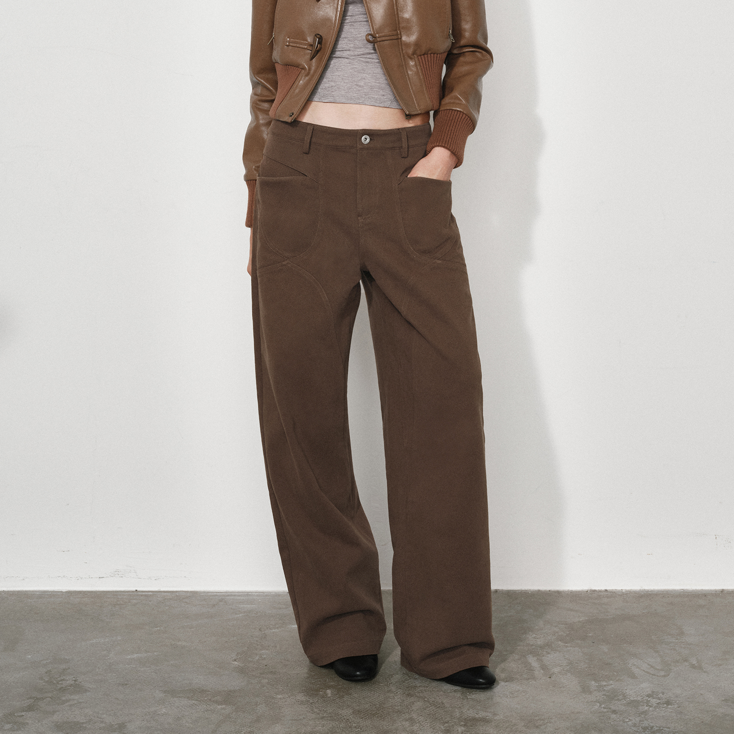 NUTH复古水洗宽松显瘦直筒工装休闲裤女 藏蓝色/棕色