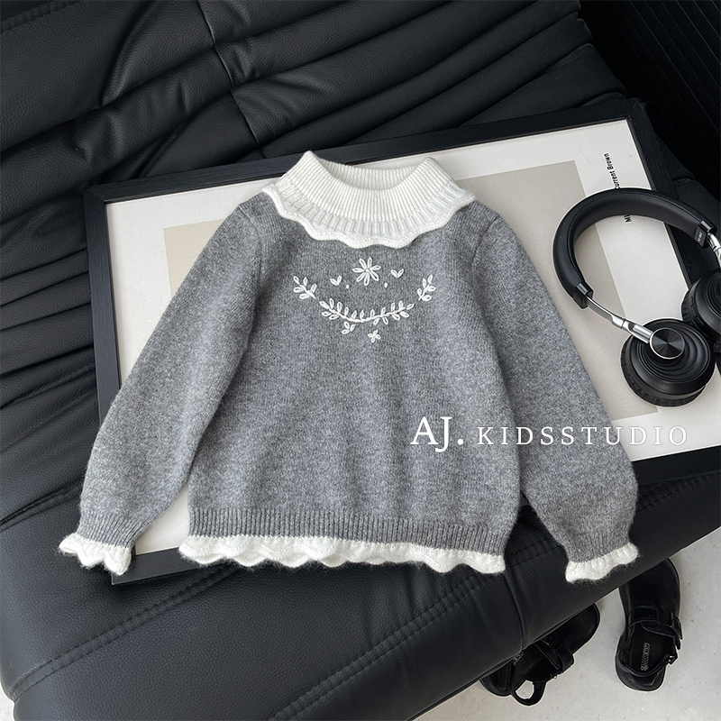 【雪顶奶盖】阿卷秋冬装女童荷叶领撞色刺绣软糯套头毛衣MPG7306