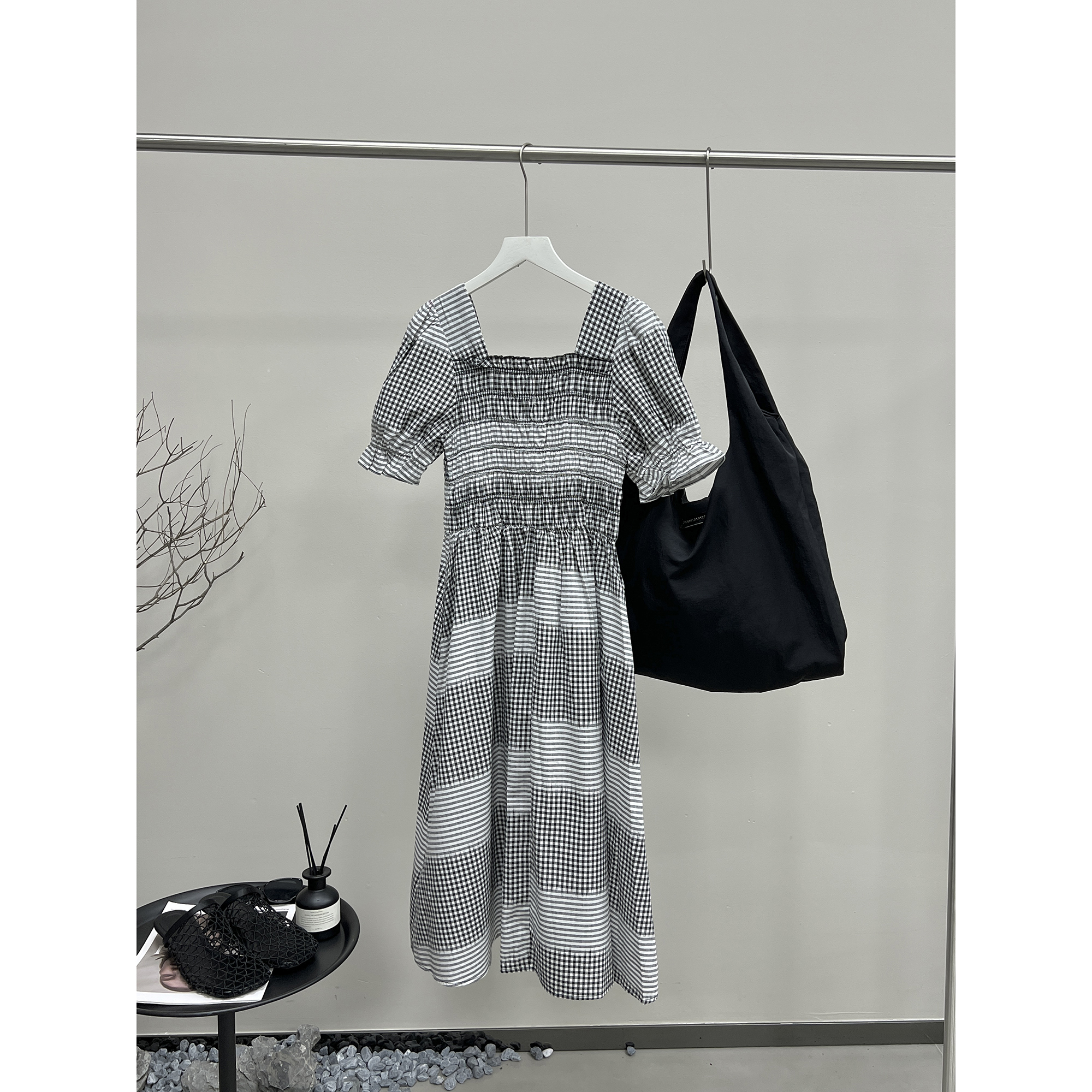 褶皱打揽方领格子连衣裙8182（清）