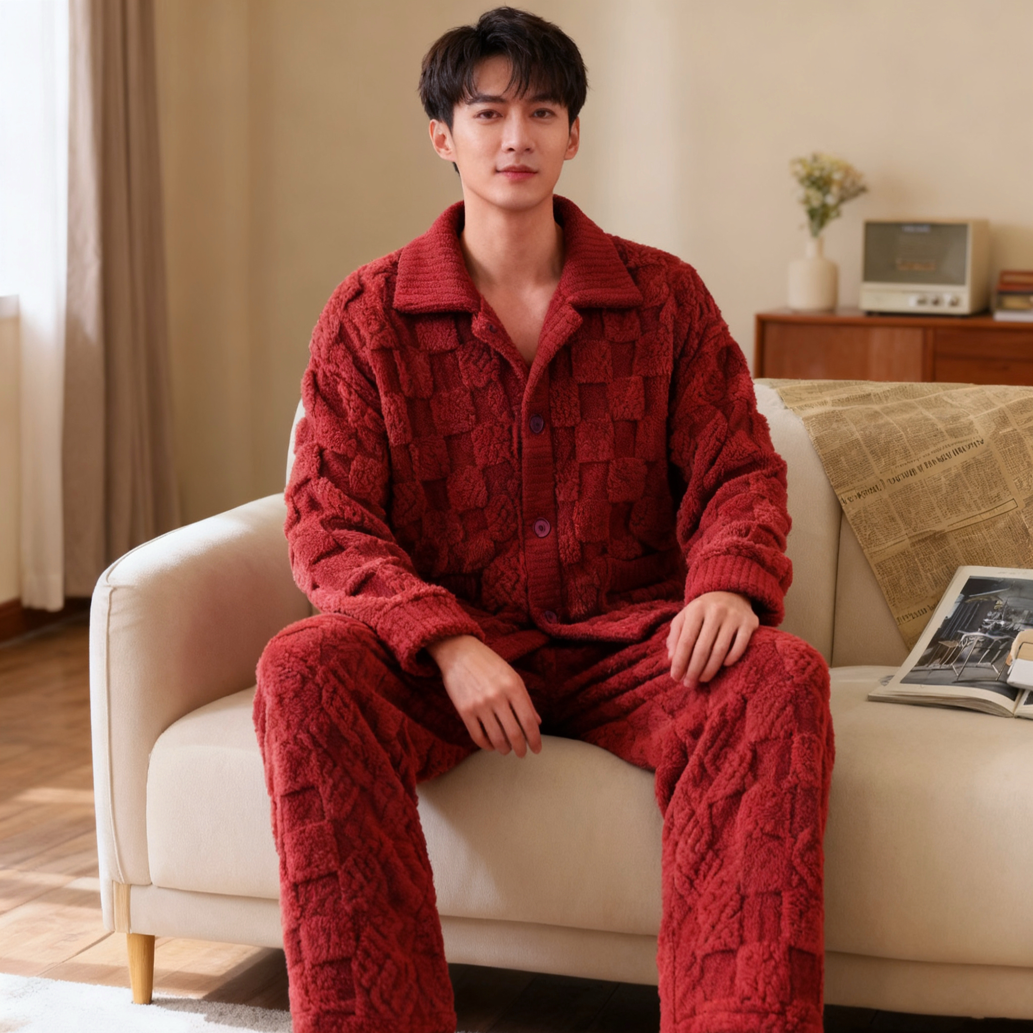 睡衣男冬季本命年红加绒加厚V领舒棉绒保暖压花家居服可外穿套装