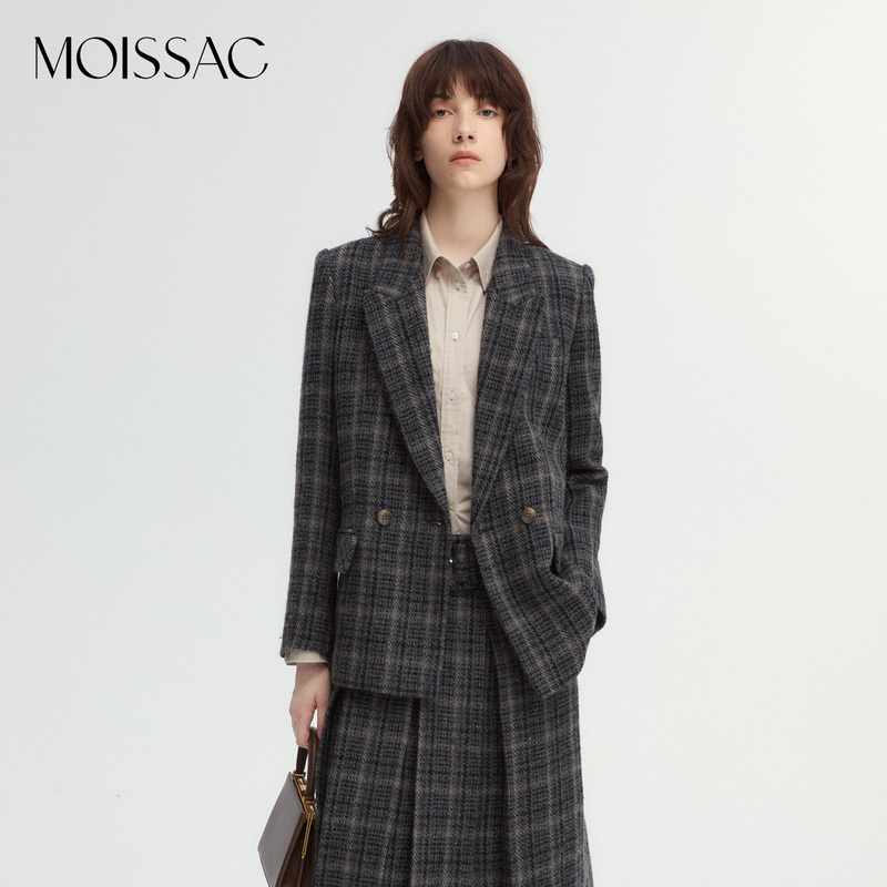 【叶可可专属】MOISSAC冬新款粗纺毛料格纹复古学院风西装外套女