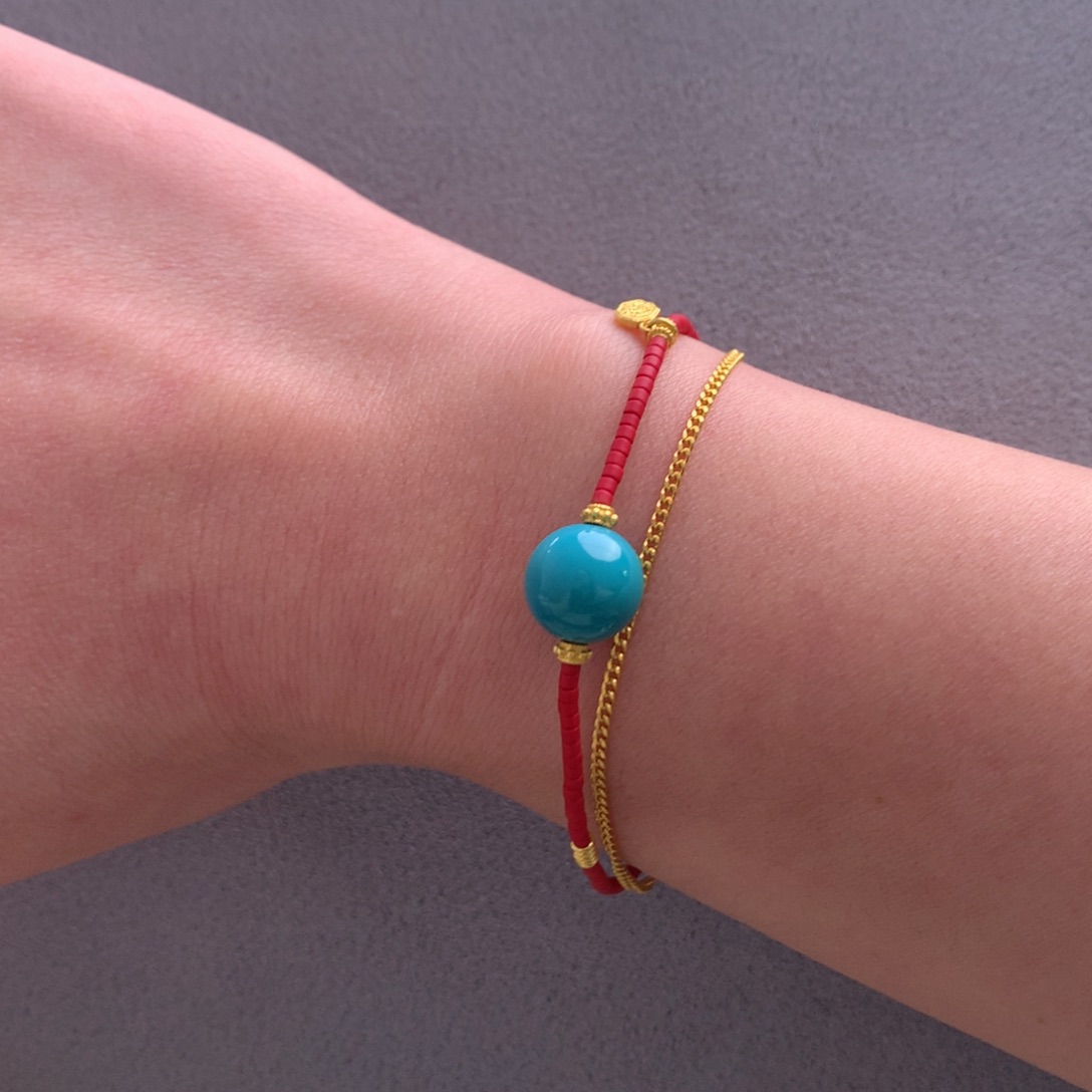 足金镶嵌绿松石玉化蓝高定款手链