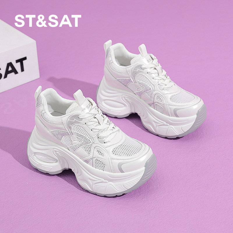 星期六网面透气老爹鞋女2025秋季新款8CM内增高厚底运动休闲鞋子
