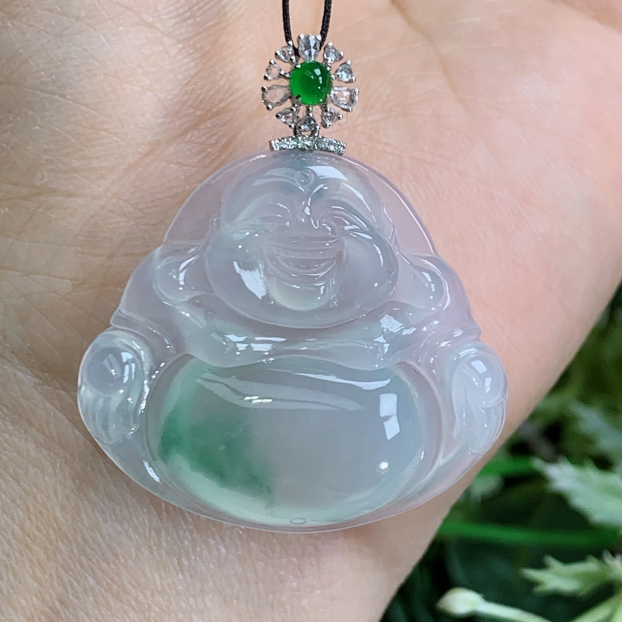 缅甸天然翡翠A货18k高冰起胶飘花佛公吊坠雅尺寸30.7×34×6mm