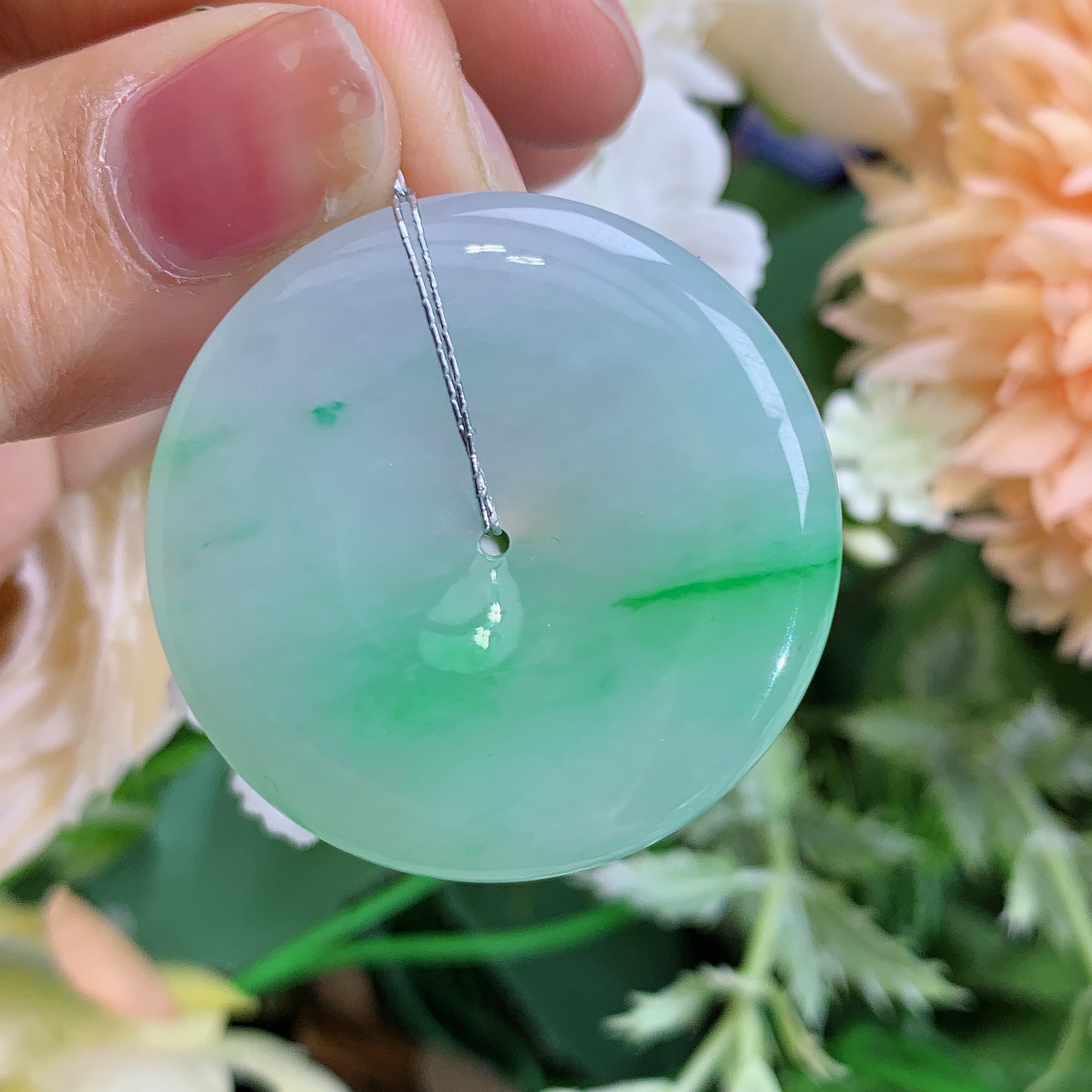 缅甸天然翡翠A货冰润起胶飘阳绿大平安扣吊坠风尺寸34.8/5.9mm