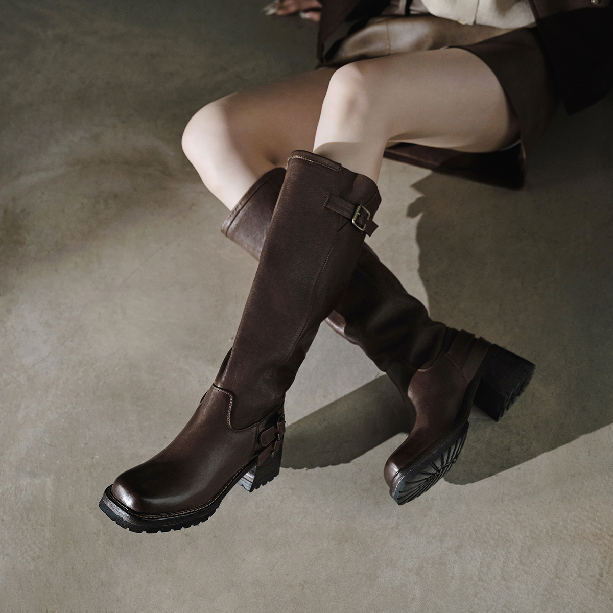 马皮方头英伦风透气小个子厚底骑士靴冬季粗跟显瘦女款秋季长筒靴