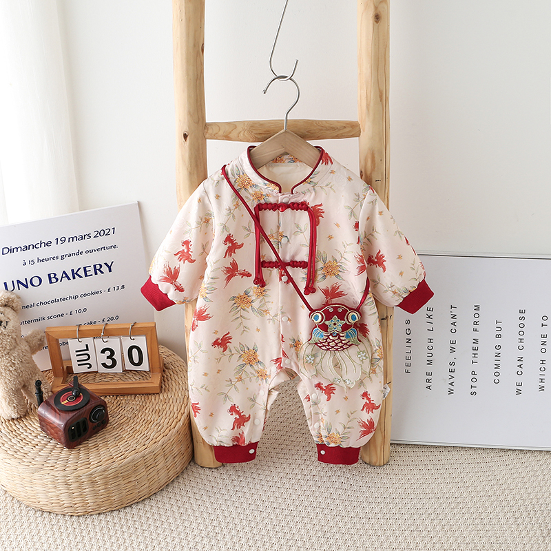 婴儿衣服秋装婴幼儿连体衣宝宝百天周岁礼服新中式抓周宴爬服春秋
