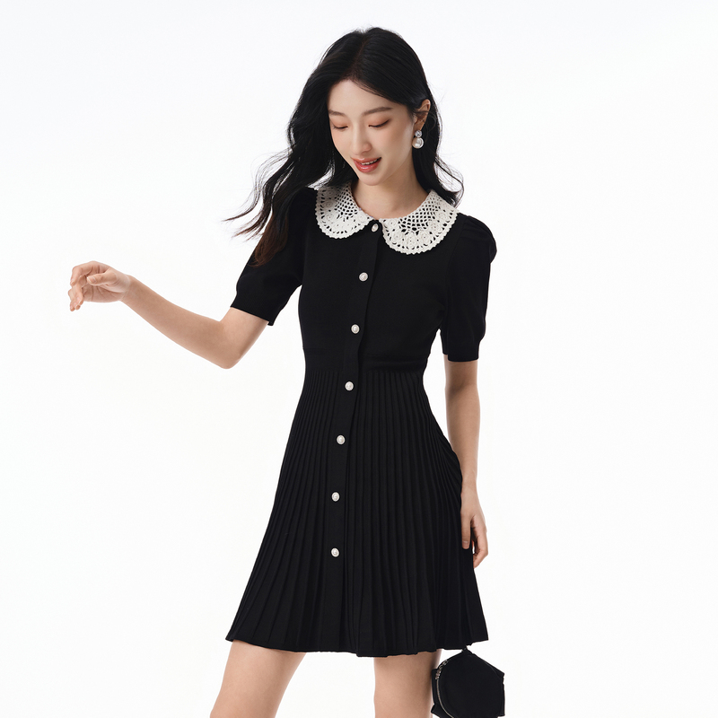 雪糕丝收腰针织连衣裙小香风小黑裙玫瑰手钩针领DOUBLOVE贝爱新款