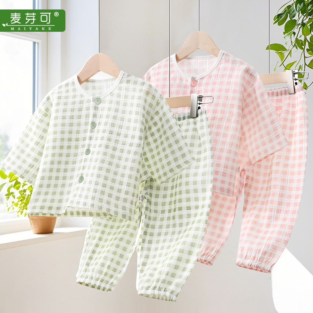 麦芽可8150女童睡衣a类儿童纯棉100%全棉纱布睡衣薄款家居服短袖