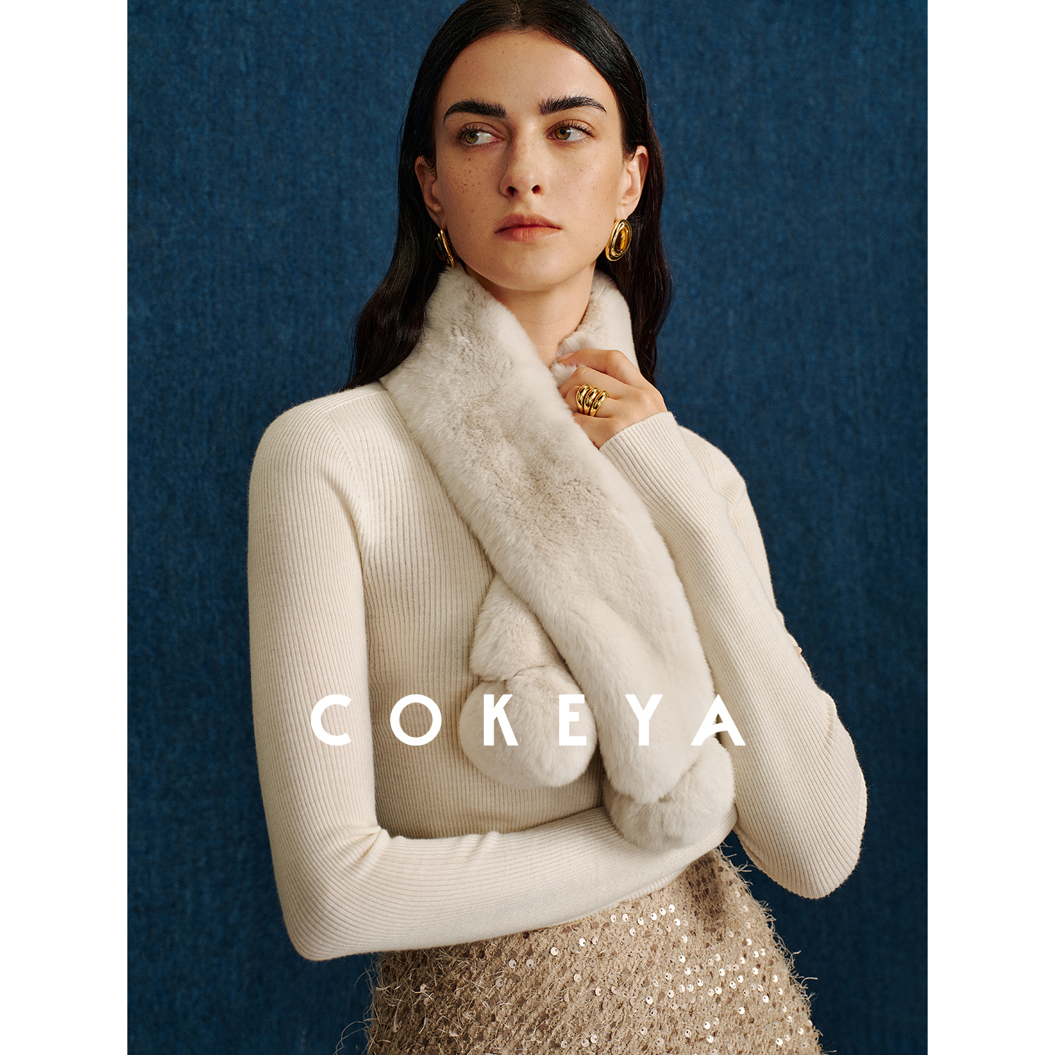 COKEYA/温暖“云朵围脖”~琎口安哥拉獭兔毛交叠式柔软围巾围脖女