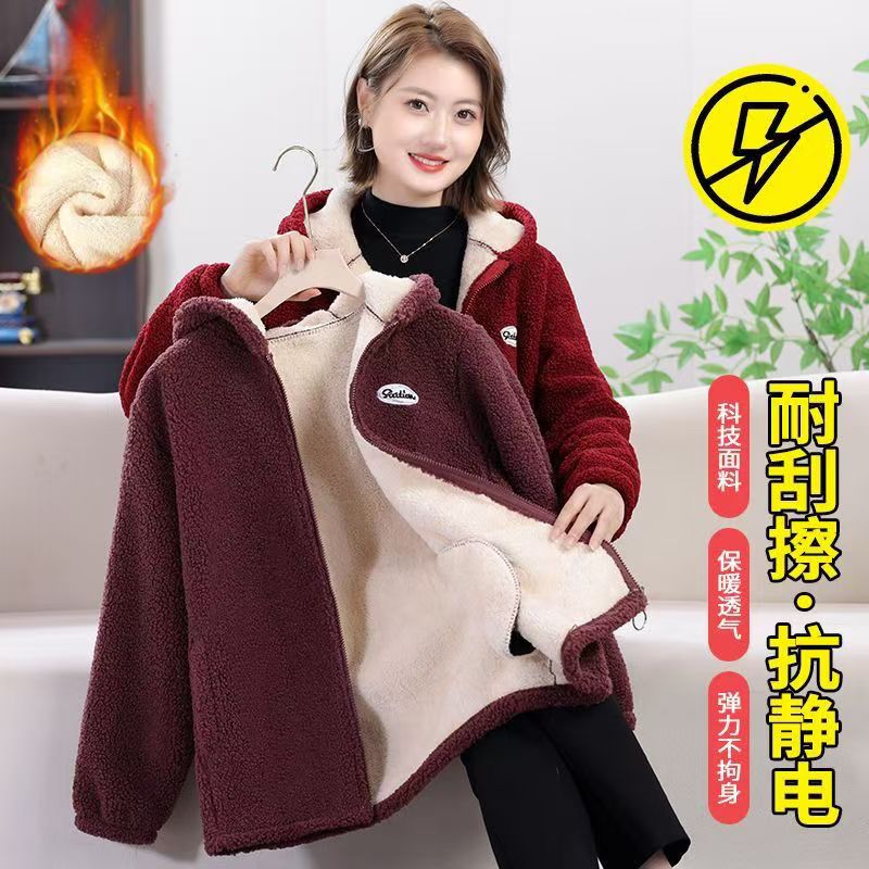 秋冬妈妈颗粒外套女加绒加厚保暖时尚百搭宽松版耐磨纯色上衣棉服