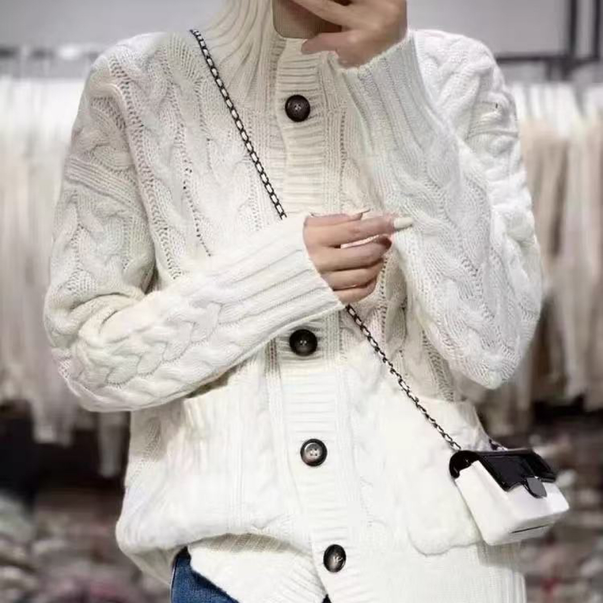 篙精系列麻花开衫女高领宽松加厚立领绞花针织毛衣外套6872