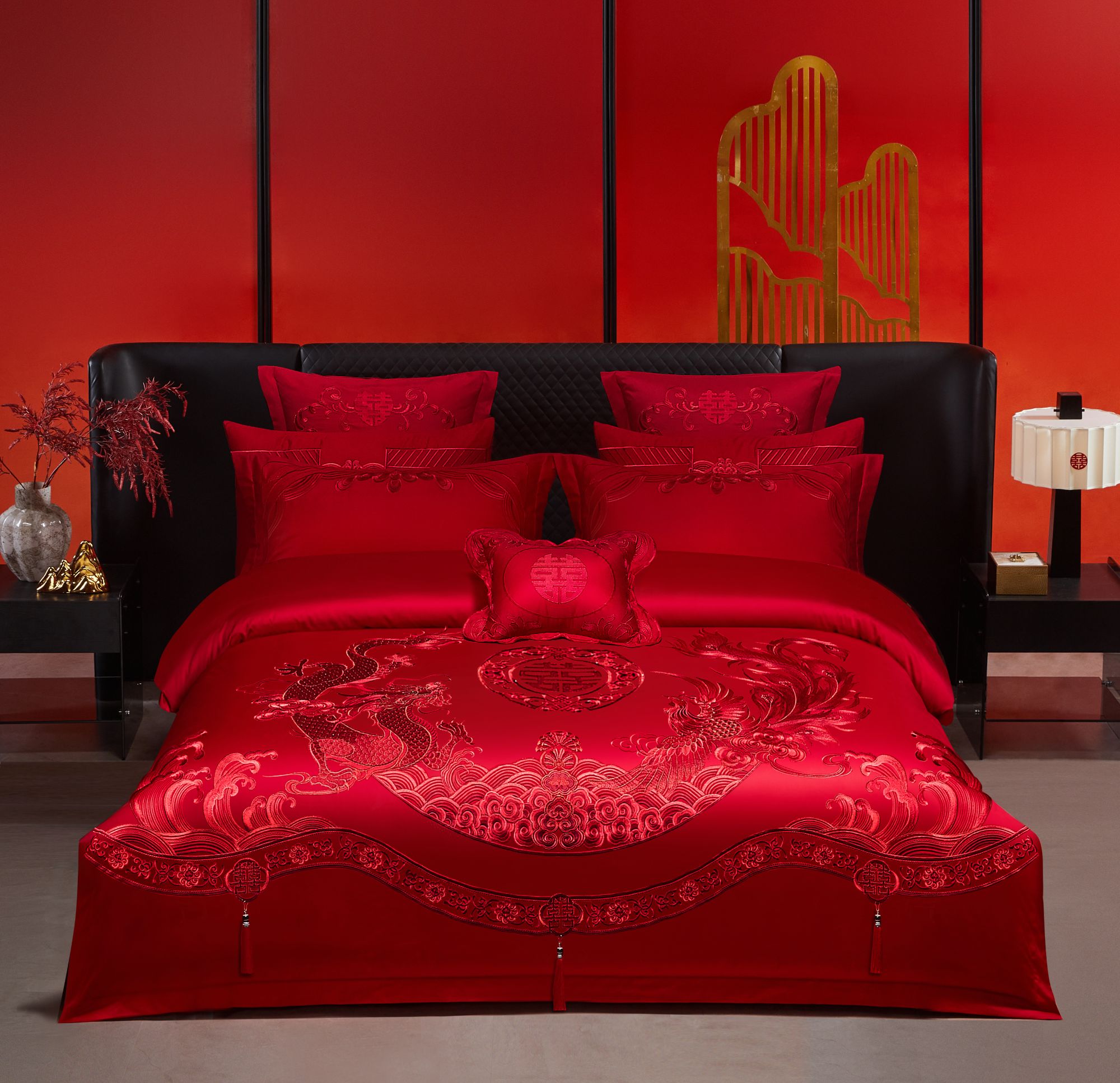 【龙腾盛世】高端本色龙凤刺绣婚庆大红色家纺四件套床上用品轻奢