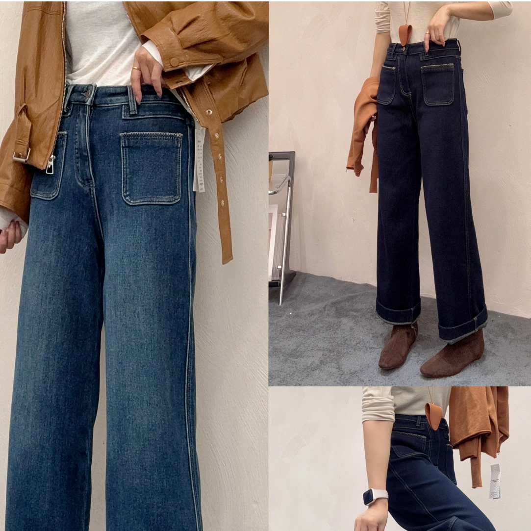 显瘦遮肚腩加绒牛仔直筒裤