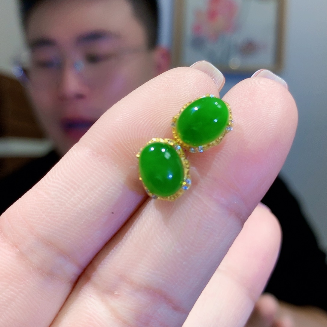 和田玉（碧玉）耳饰银S925镀金镶嵌