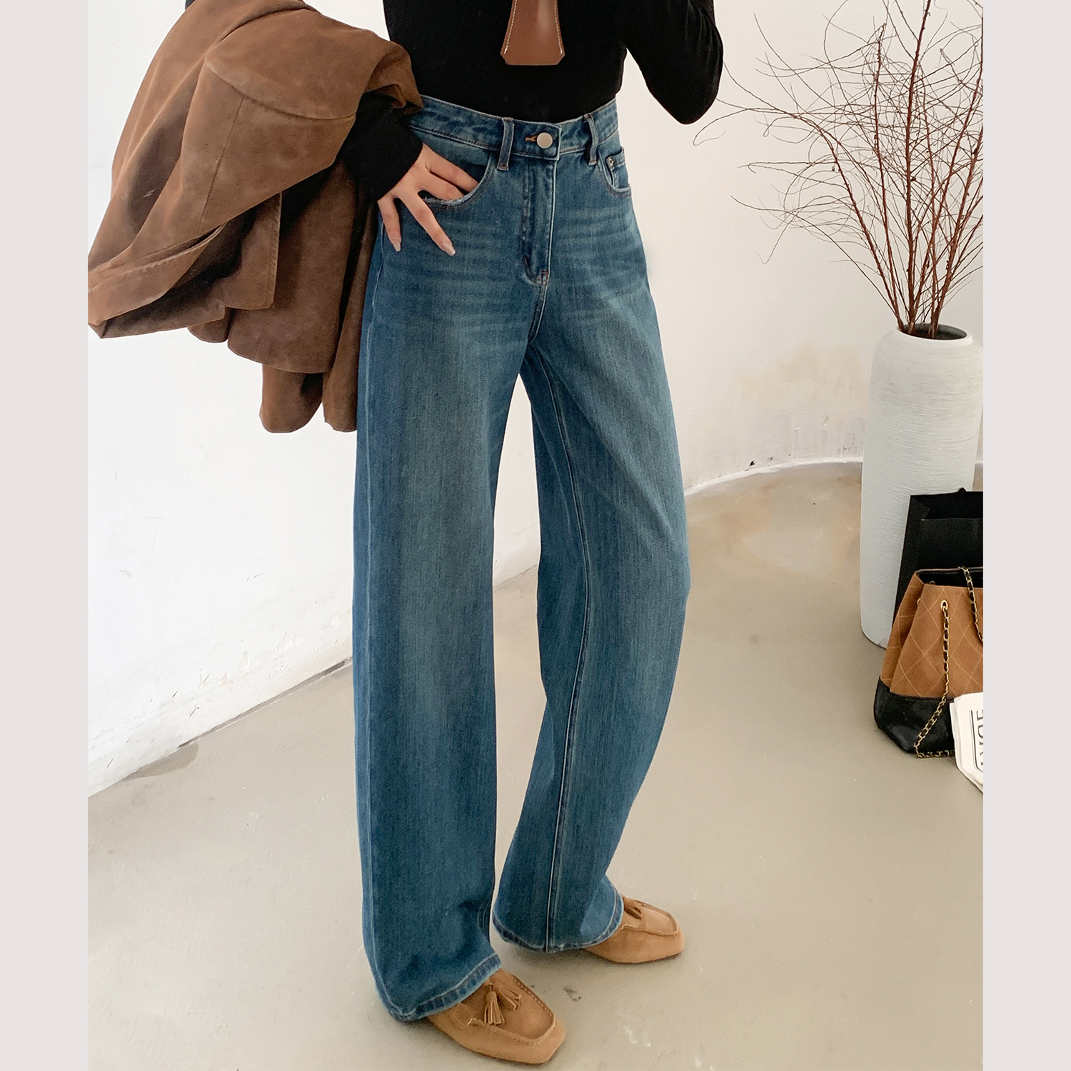 F95107菲西子糯米牛仔裤女秋款中腰弹力显瘦蓝色直筒裤