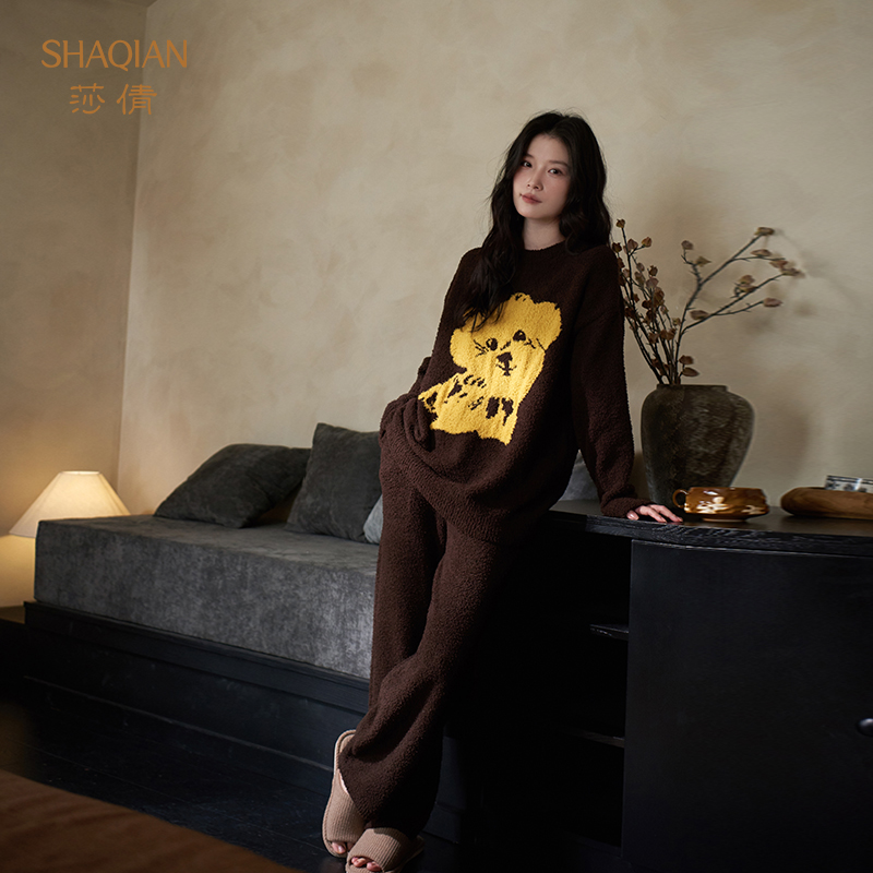 莎倩新款半边绒女士睡衣2025年秋冬季加厚珊瑚绒趣味可外穿家居服