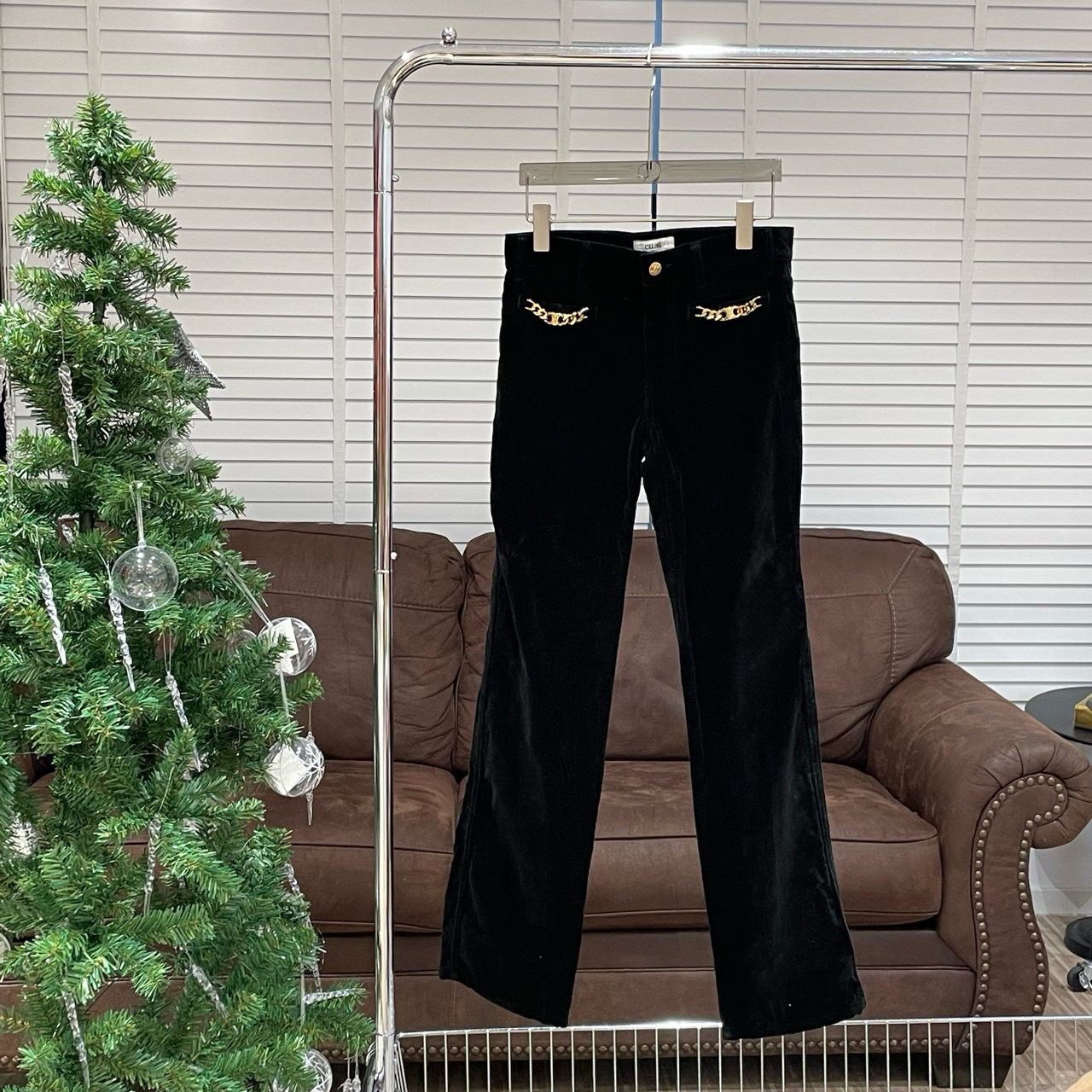 Celine 23fw黑色丝绒凯旋门锁链长裤/25码/99新/女13659