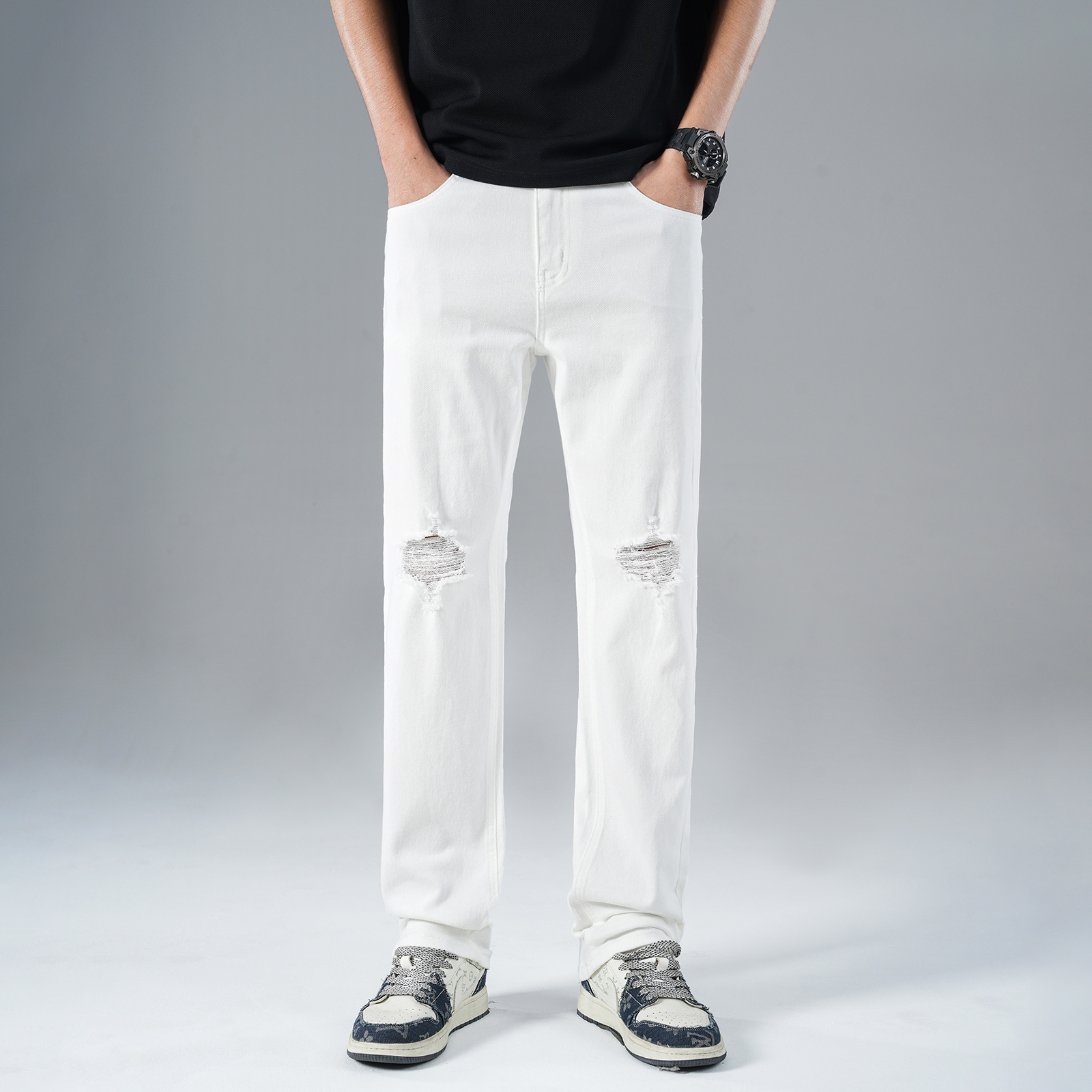 痞帅潮男破洞牛仔裤男裤子男款夏季时尚个性百搭休闲弹力直筒男装