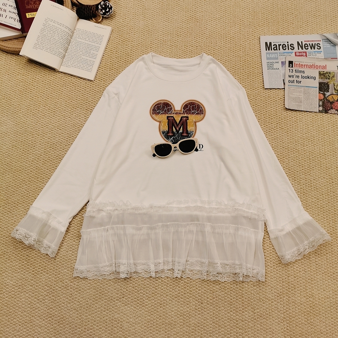 2025春季新款拼蕾丝打底长袖T恤1218