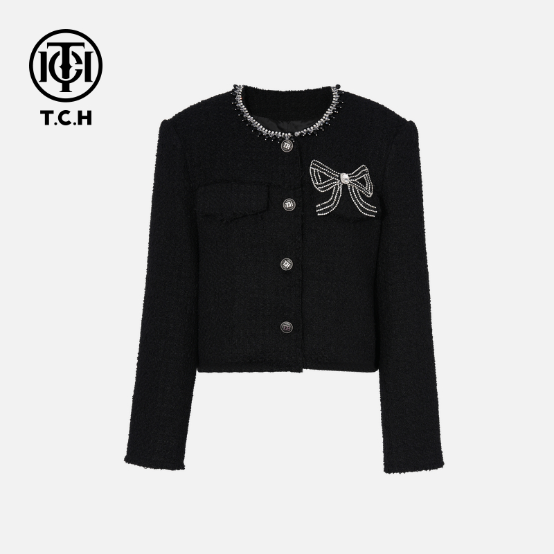 TCH私服烫钻工艺时尚休闲小香风黑色外套女T75C27E5002轻奢tch