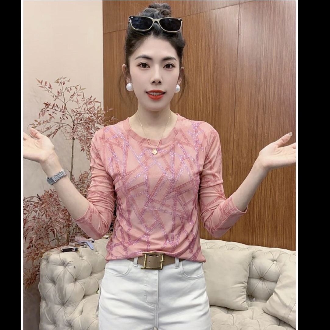 月月家，新款秋季圆领高弹时尚气质烫钻洋气显瘦网纱长袖8891