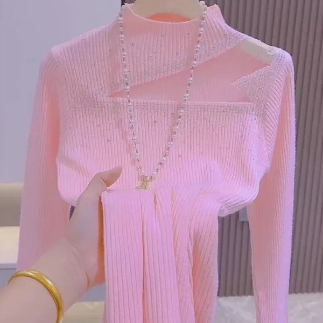 别致绝美设计感网纱拼接半高领烫钻毛衣女秋冬洋气内搭针织打底衫