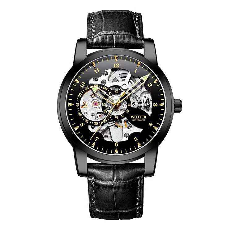 WOJTEK繁花系列 暗夜鎏金黑武士 匠心镂空设计男士机械皮带腕表