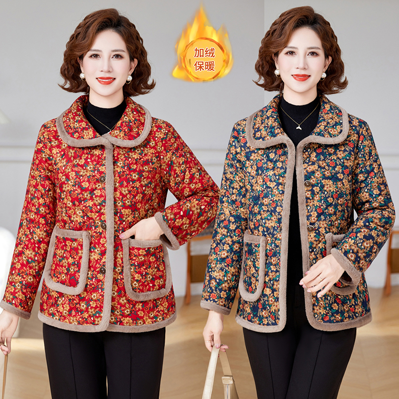 时尚妈妈冬装加绒小棉衣中老年女装花棉袄外套棉衣女装加厚冬季