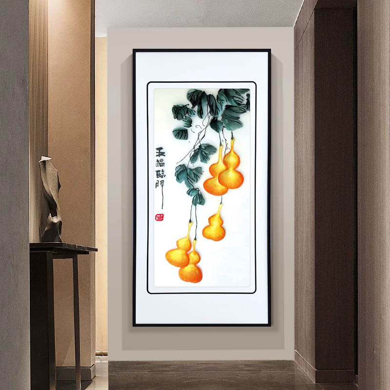 五福临门苏绣精品客厅挂画入户玄关装饰画新中式山水刺绣壁画国风
