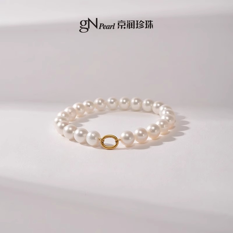 【优选】京润珍珠 寻昔 G24K金淡水珍珠手链7.3-8.3mm白色近圆时尚