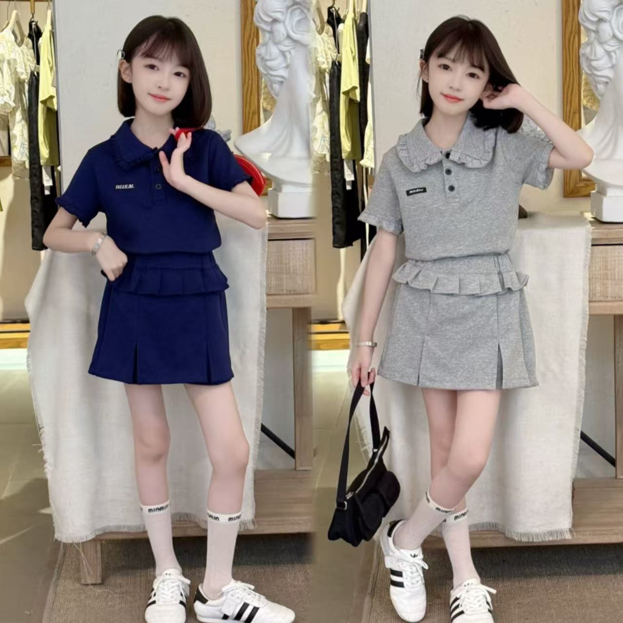 女童学院风polo衫套装夏季2025新款中大童娃娃领半身裙两件套