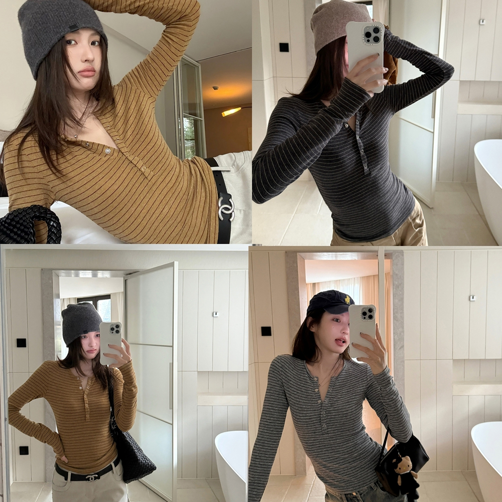 由子衣舍/Youzi Atelier半开领条纹长袖T恤女秋季显瘦打底上衣