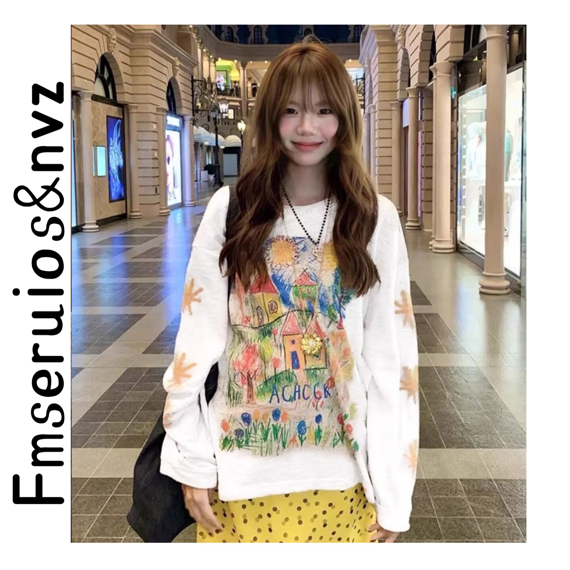 芙慕美式复古T恤女夏季薄款趣味涂鸦长袖防晒罩衫宽松慵懒上衣女