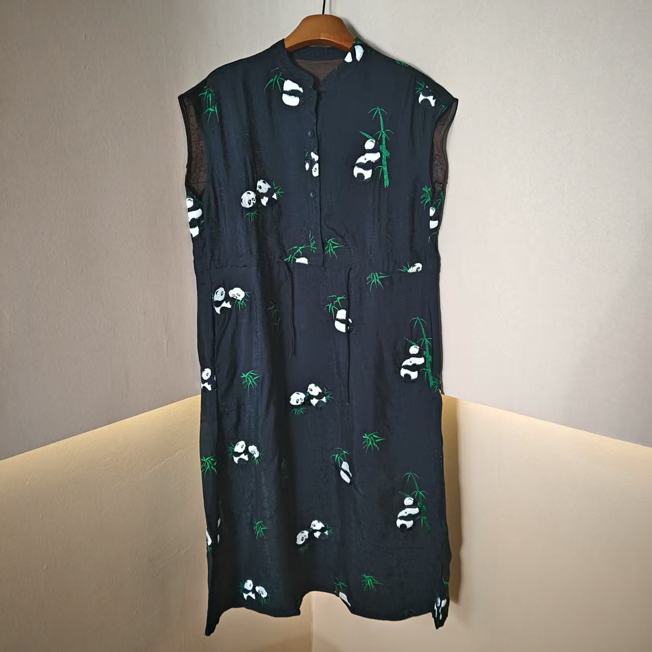 【青青】宽松腰袖套头植物花卉熊猫连衣裙时尚潮流女士国风D350