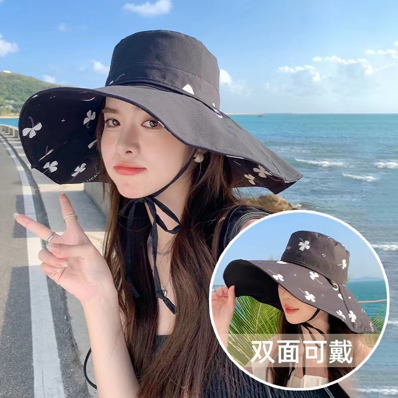 [双面可戴]夏季韩版大檐渔夫帽女遮阳防晒四叶草字母带抽绳遮阳帽