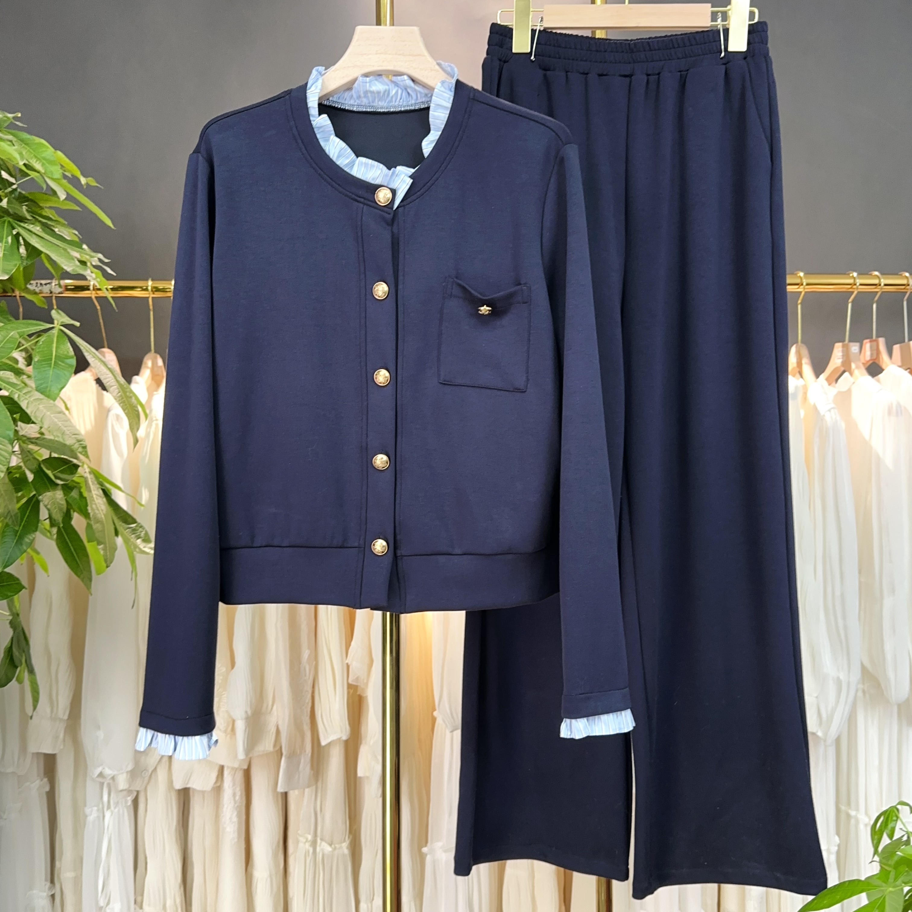 2025年新款气质长袖时尚休闲显瘦简约宽松纯色设计感套装M970