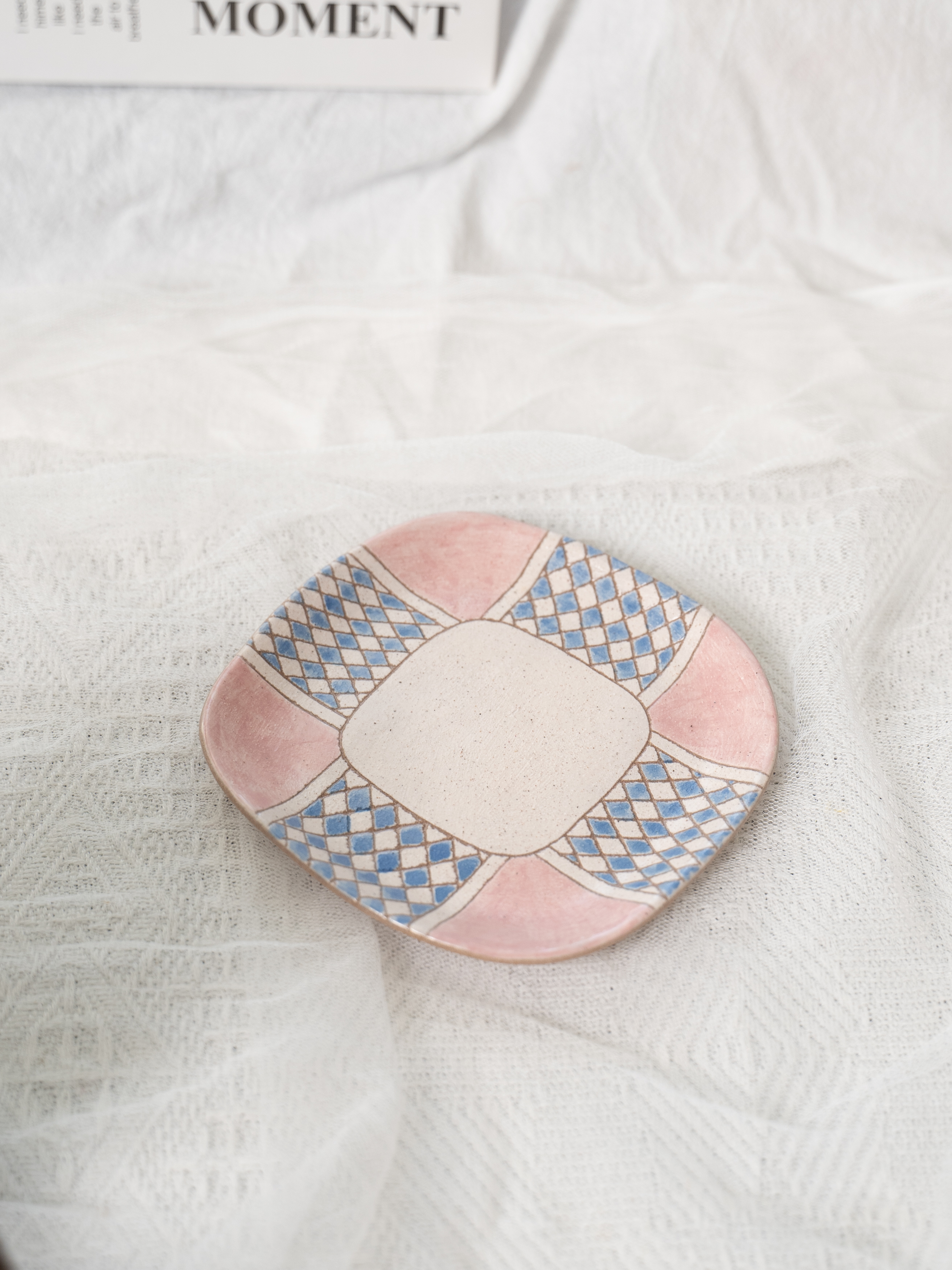  奇花 | 双拼色小蓝菱格方碟